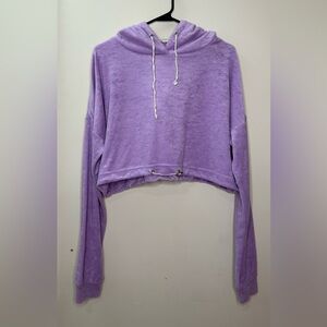 Salty Terrycloth Long Sleeve Drawstring Cropped Hoodie Lilac Purple Size Small